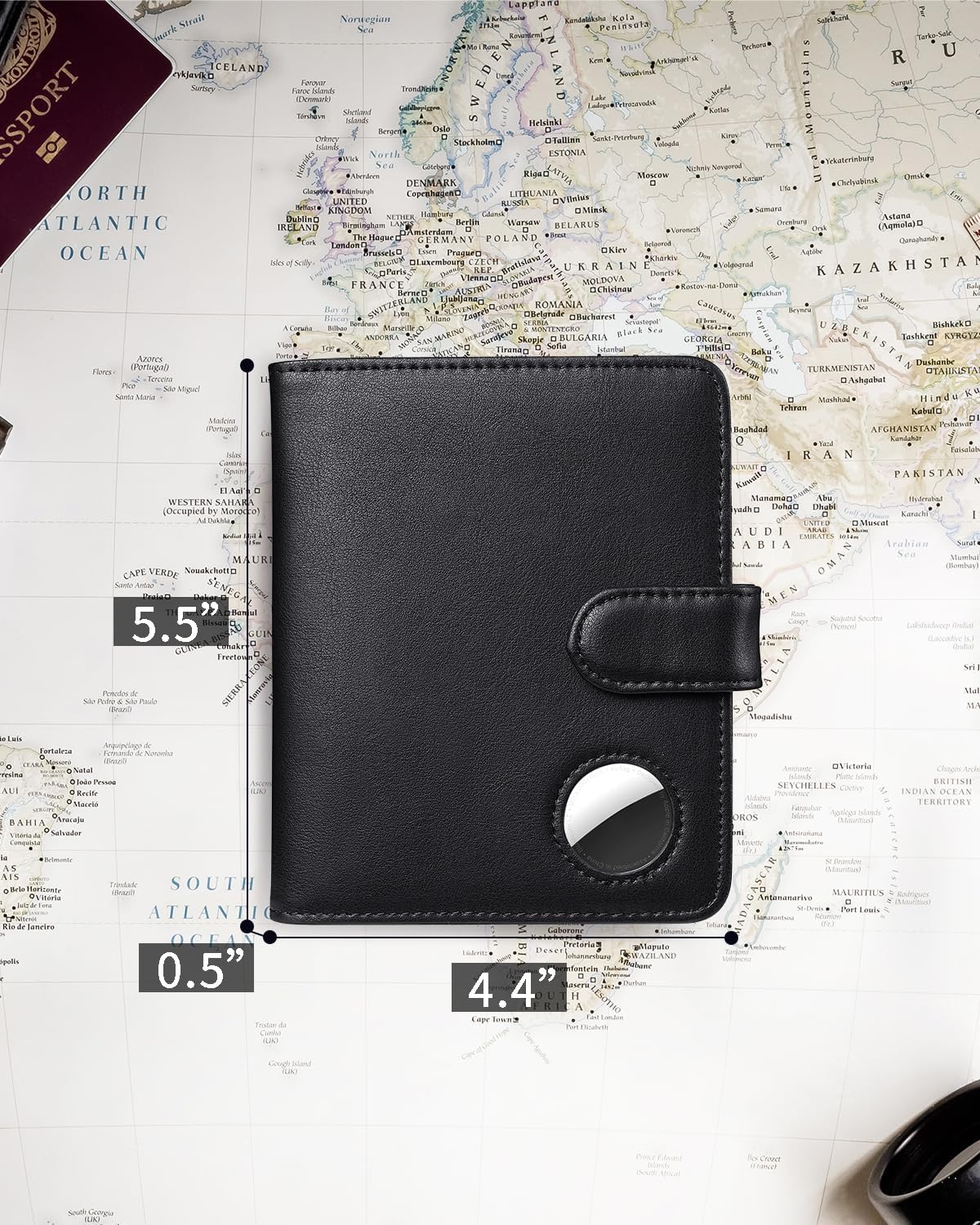 Leather passport holder with AirTag slot and RFID blocking, perfect for travel and secure storage.