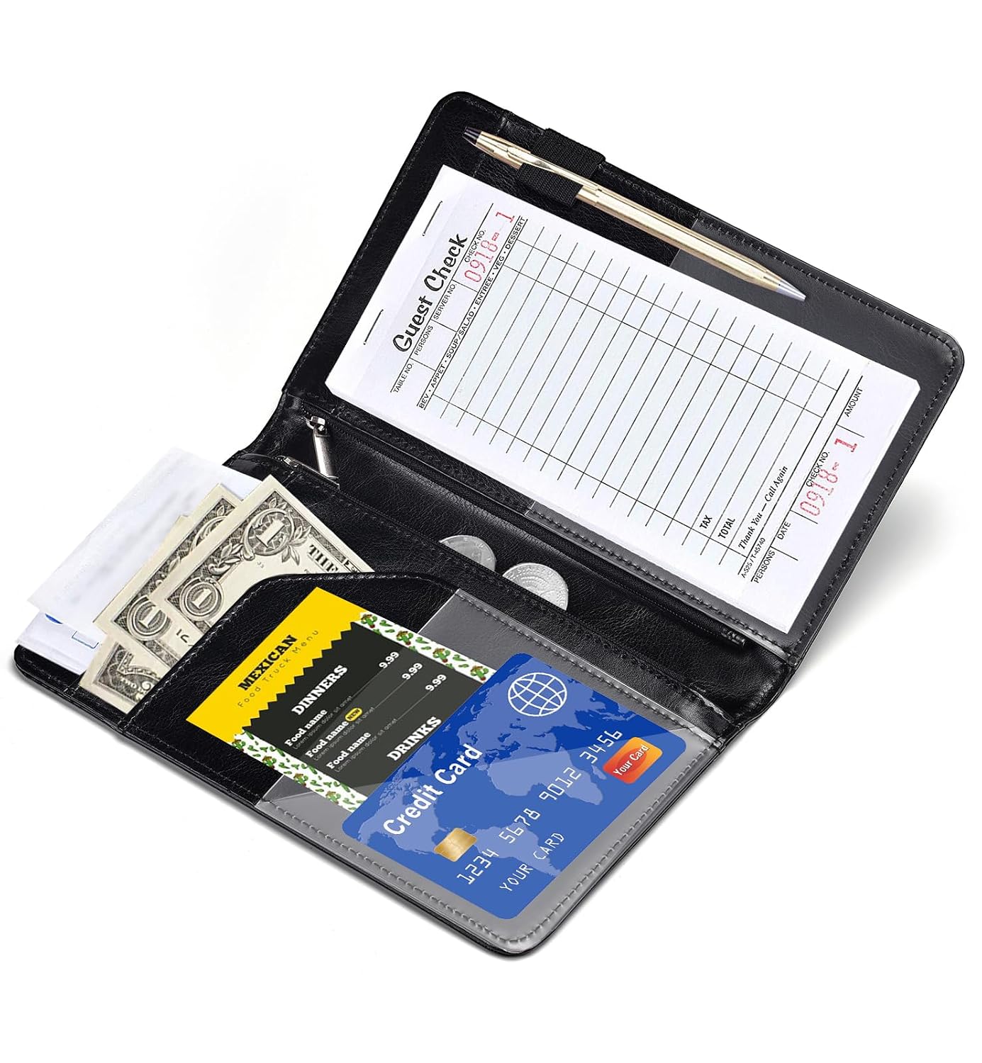 HerriaT Server Books for Waitress - Leather Waiter Book Server Wallet with Zipper Pocket, Cute Waitress Book&Waitstaff Organizer with Money Pocket Fit Server Apron（Classic Black）