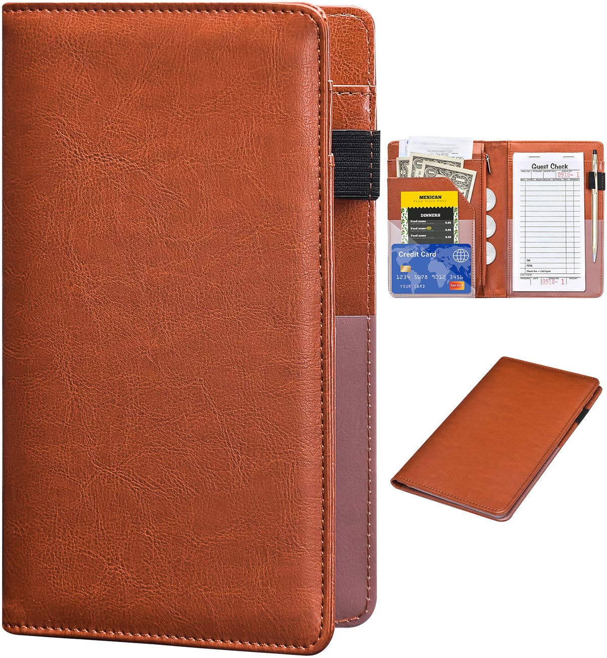 Leather Server Book Waitress Wallet with Zipper Money Pocket