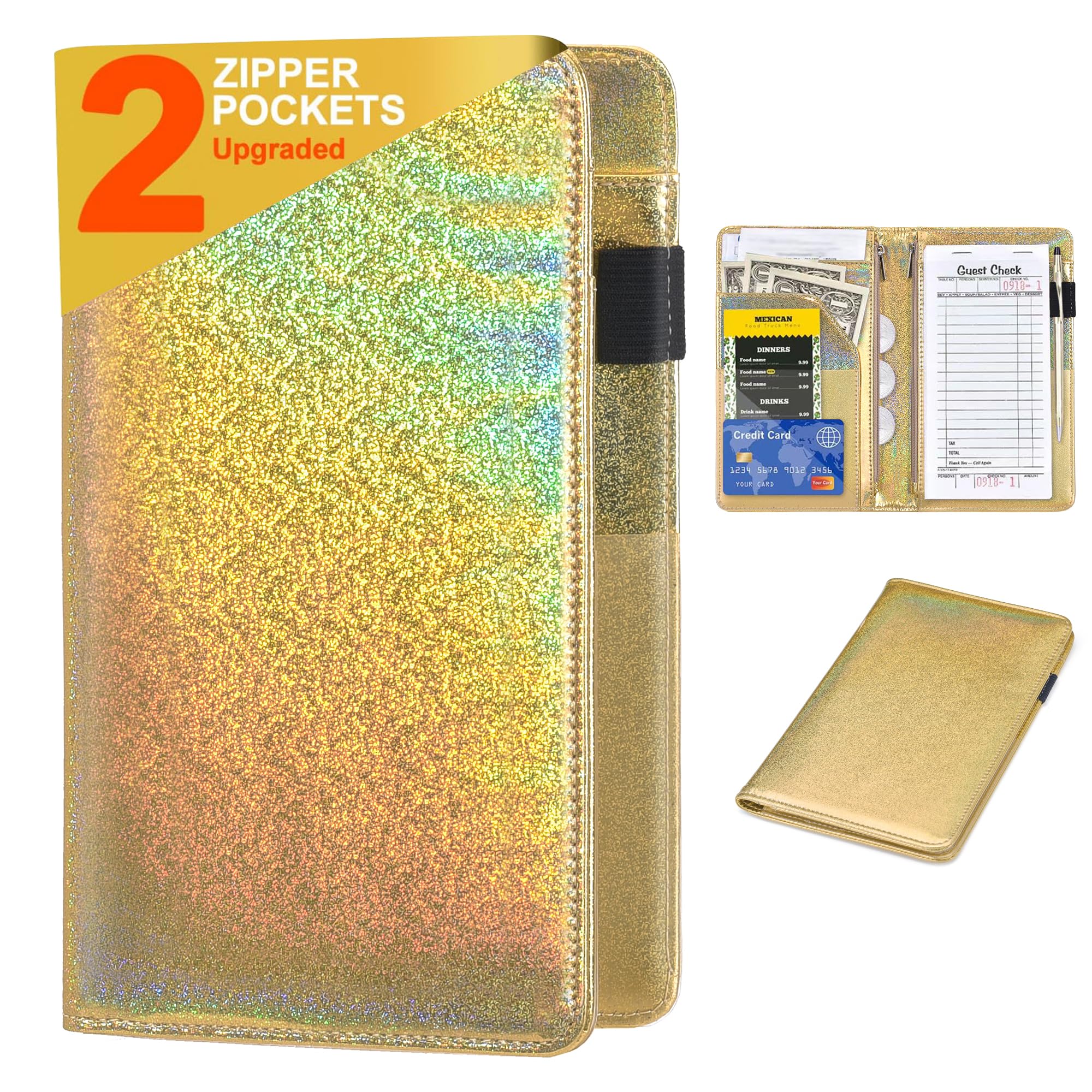 Leather Server Book Waitress Wallet with Zipper Money Pocket