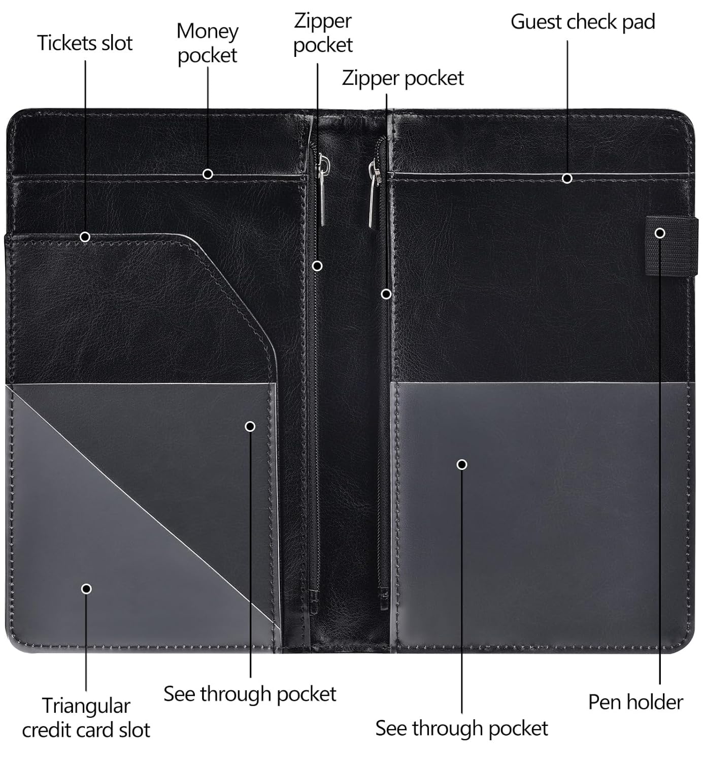 HerriaT Server Books for Waitress - Leather Waiter Book Server Wallet with Zipper Pocket, Cute Waitress Book&Waitstaff Organizer with Money Pocket Fit Server Apron（Classic Black）