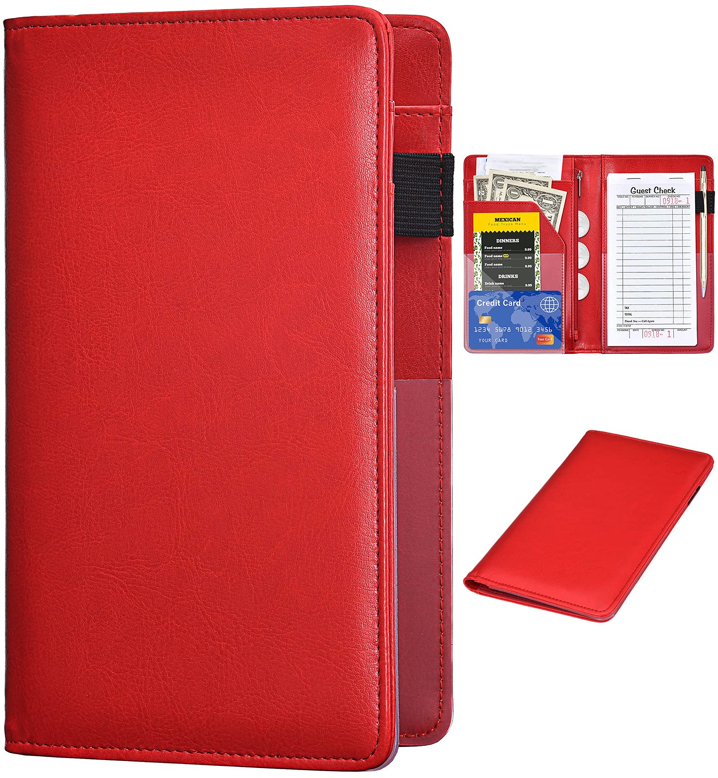 Leather Server Book Waitress Wallet with Zipper Money Pocket
