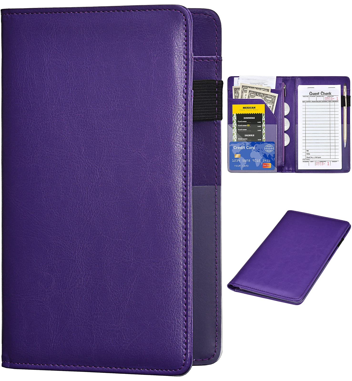 Leather Server Book Waitress Wallet with Zipper Money Pocket