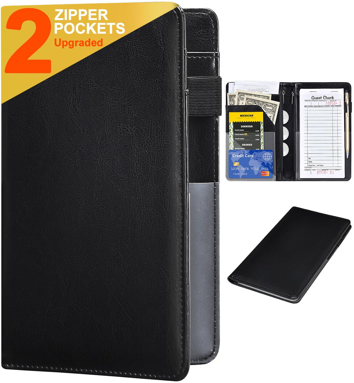 Leather Server Book Waitress Wallet with Zipper Money Pocket