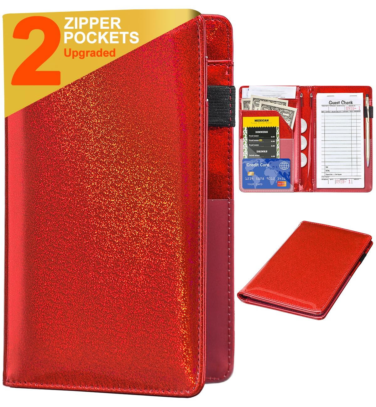 Leather Server Book Waitress Wallet with Zipper Money Pocket