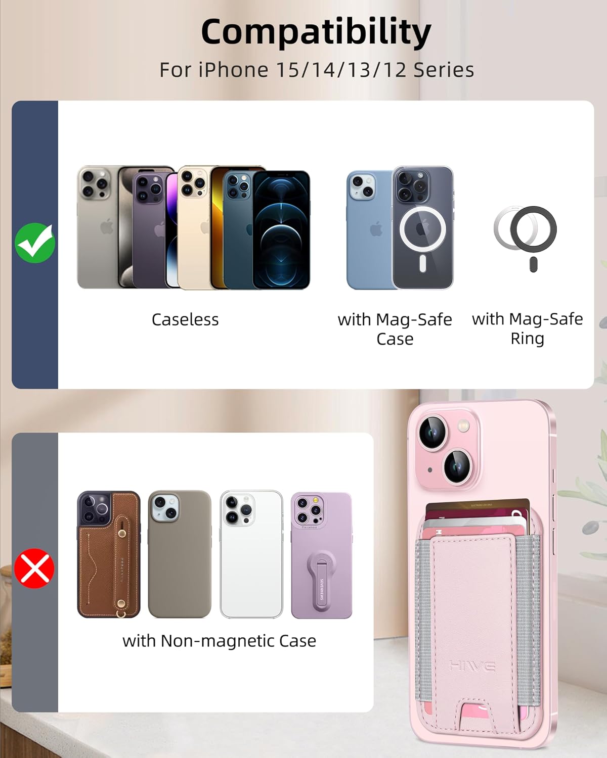 HiWe for MagSafe Wallet, 7 Cards Holder, RFID Blocking, Stronger Magnets | Magnetic Wallet for iPhone 12-17 Series, Minimalist Slim, 1 Slot, Pink & Grey