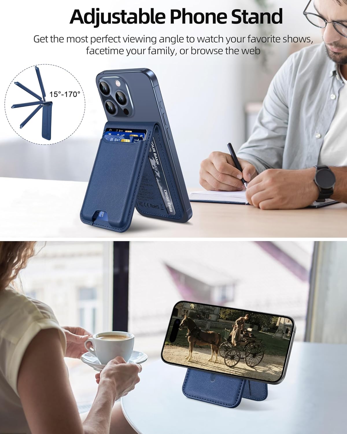 Works with Apple Find My, 6 Cards Holder | Strongest Magnetic Wallet for iPhone 17/16/15/14/13/12 Series, Adjustable Stand, Wallet Tracker, Vegan Leather, Blue