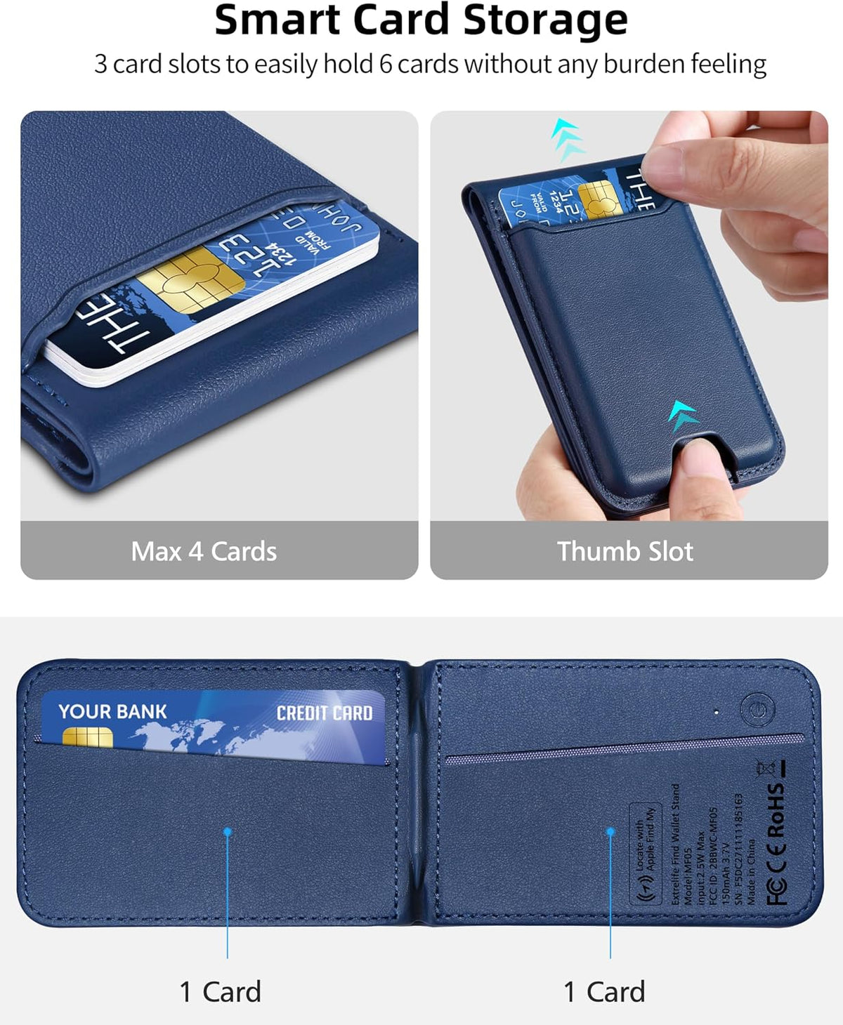 Works with Apple Find My, 6 Cards Holder | Strongest Magnetic Wallet for iPhone 17/16/15/14/13/12 Series, Adjustable Stand, Wallet Tracker, Vegan Leather, Blue