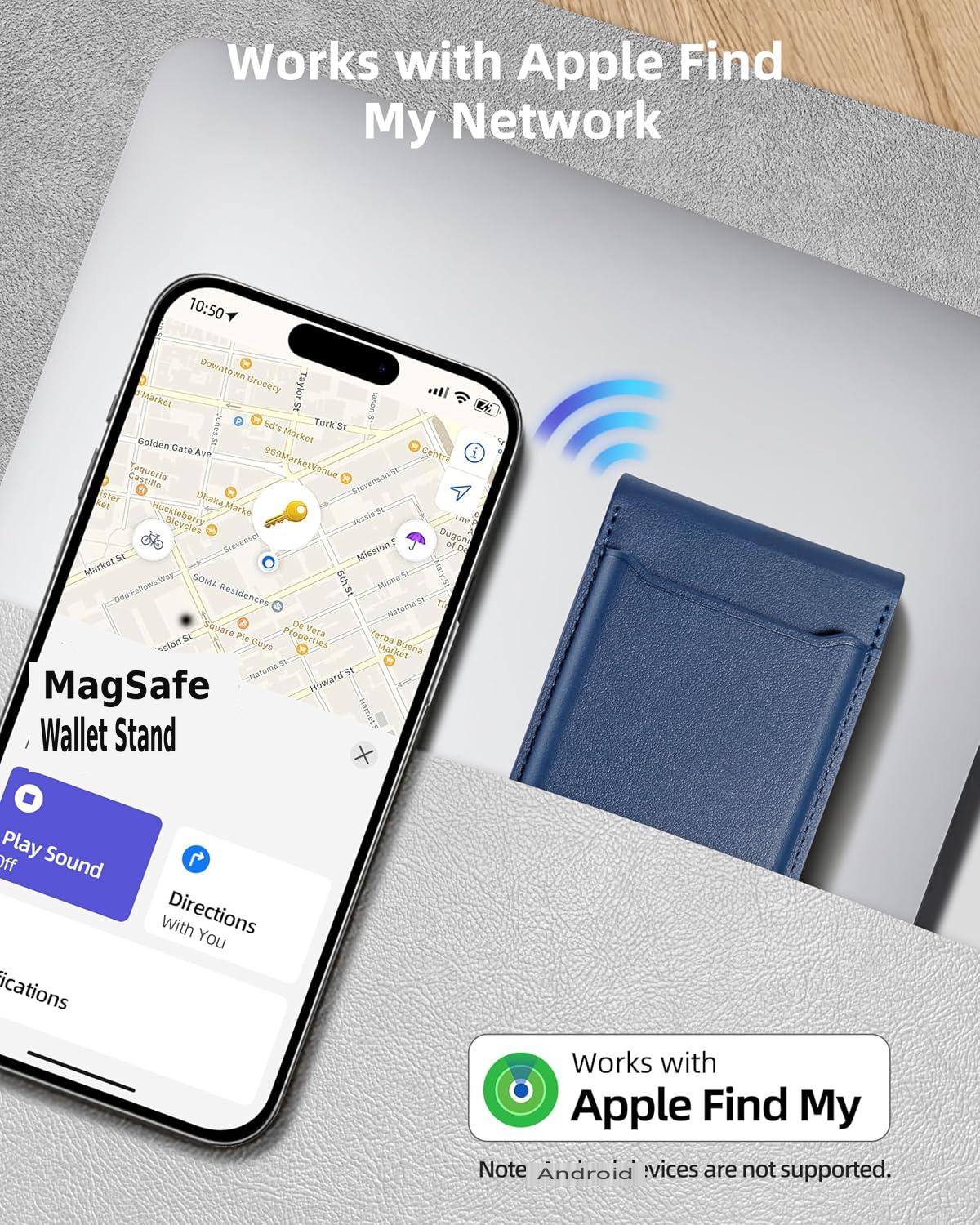 Works with Apple Find My, 6 Cards Holder | Strongest Magnetic Wallet for iPhone 17/16/15/14/13/12 Series, Adjustable Stand, Wallet Tracker, Vegan Leather, Blue