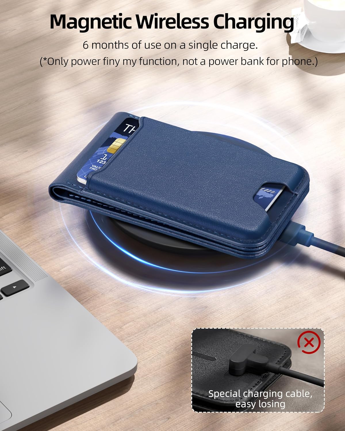 Works with Apple Find My, 6 Cards Holder | Strongest Magnetic Wallet for iPhone 17/16/15/14/13/12 Series, Adjustable Stand, Wallet Tracker, Vegan Leather, Blue