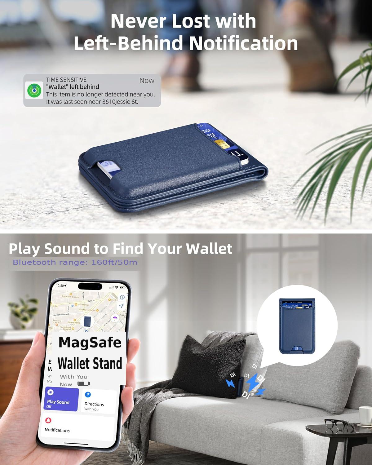Works with Apple Find My, 6 Cards Holder | Strongest Magnetic Wallet for iPhone 17/16/15/14/13/12 Series, Adjustable Stand, Wallet Tracker, Vegan Leather, Blue
