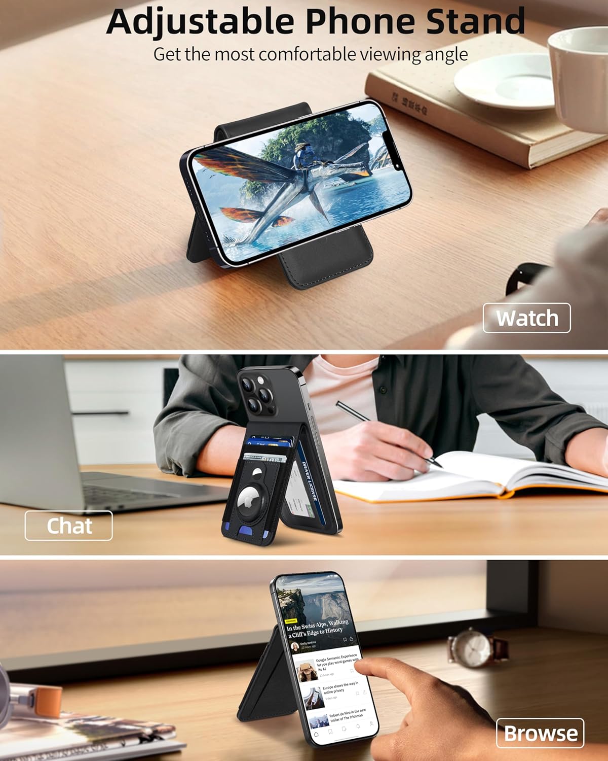 for Magsafe Wallet Stand with Airtag Holder, Strongest Magnetic Wallet for iPhone 16/15/14/13/12 Series, ID Window, 4 Card Slots, 10 Cards Holder, Vegan Leather, RFID Blocking, Black