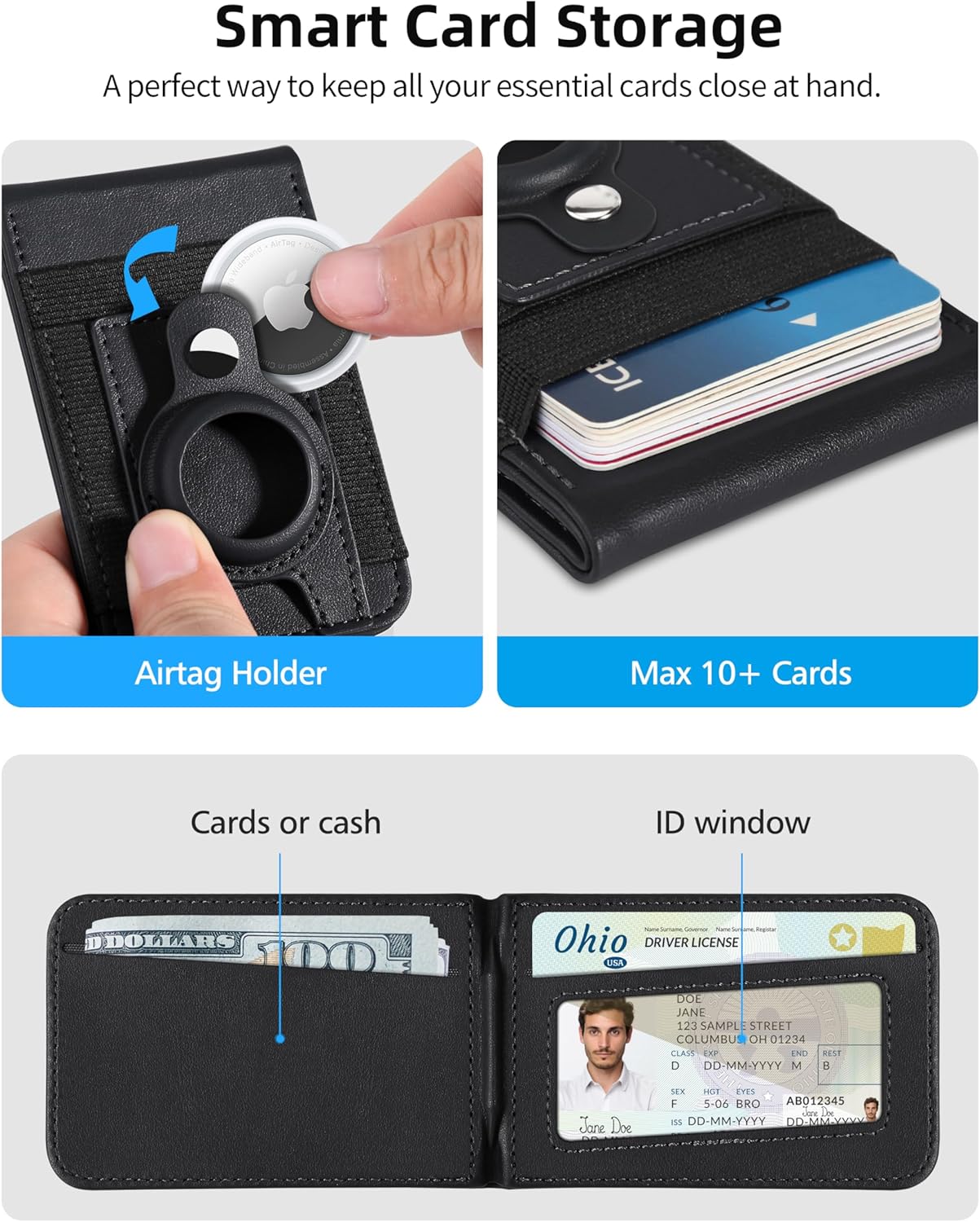 for Magsafe Wallet Stand with Airtag Holder, Strongest Magnetic Wallet for iPhone 16/15/14/13/12 Series, ID Window, 4 Card Slots, 10 Cards Holder, Vegan Leather, RFID Blocking, Black