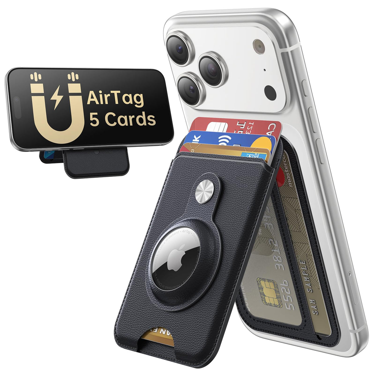 MagSafe Wallet with AirTag Holder, 5 Card Slots & Phone Stand
