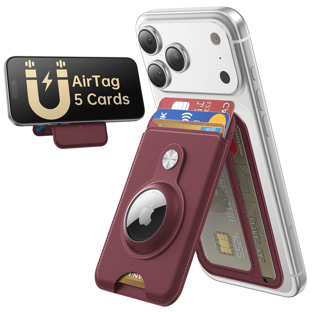 MagSafe Wallet with AirTag Holder, 5 Card Slots & Phone Stand