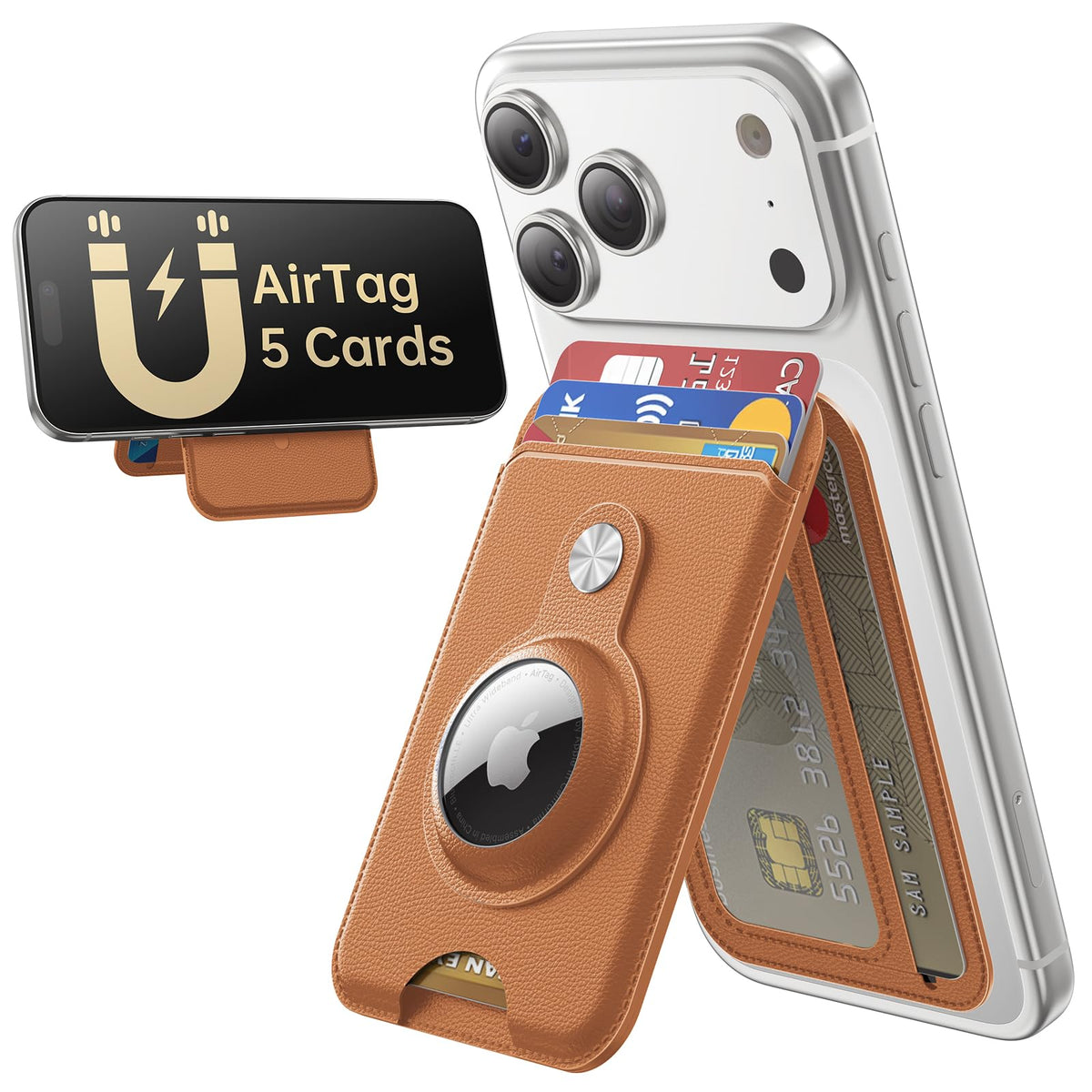 MagSafe Wallet with AirTag Holder, 5 Card Slots & Phone Stand