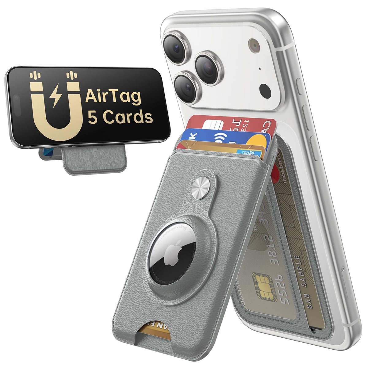 MagSafe Wallet with AirTag Holder, 5 Card Slots & Phone Stand