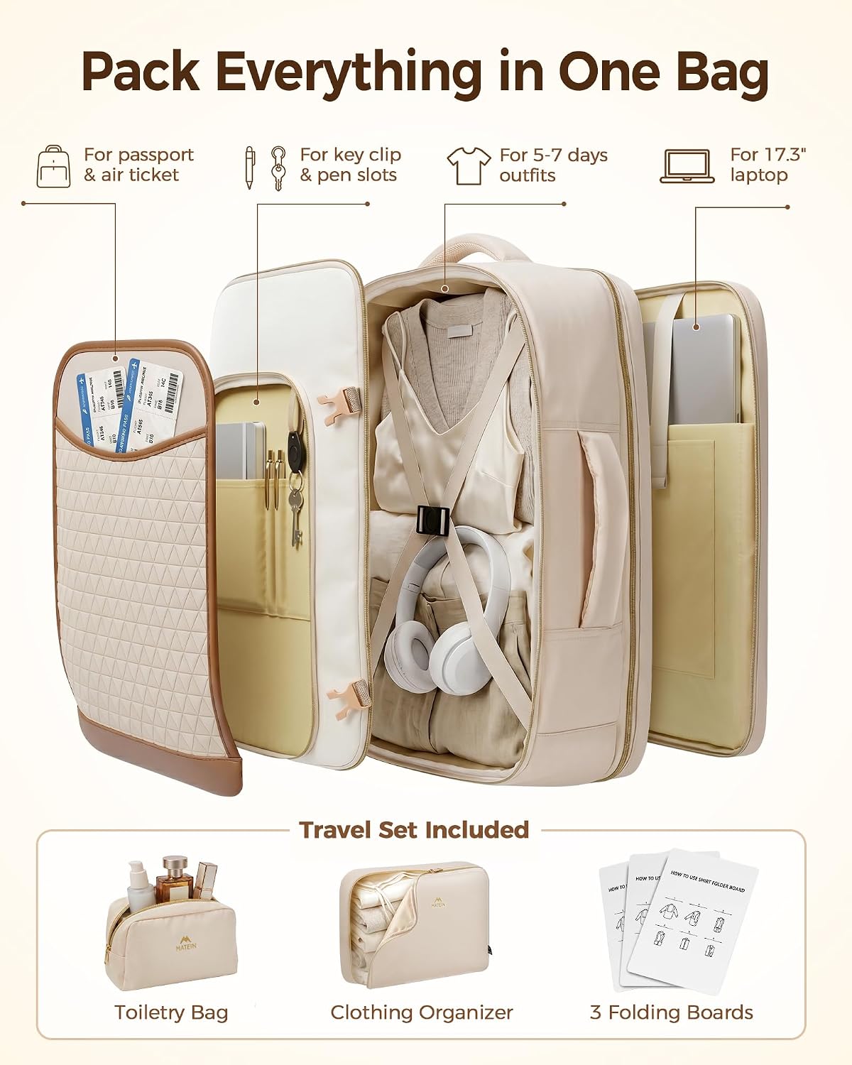 MATEIN HER Carry on Backpack 22x14x9 Airline Approved, 45L Extra Large Travel Backpack for Women with Shirt Folding Board, Waterproof TSA Luggage Backpack for Southwest American Airline Fit 17" Laptop