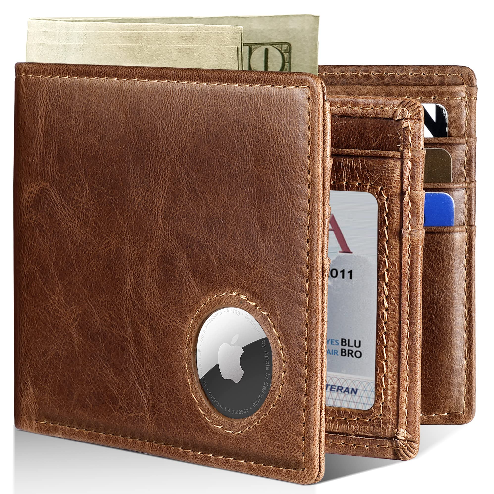 Men’s AirTag Wallet Leather RFID Blocking Bifold 13 Card Slots (Casual)