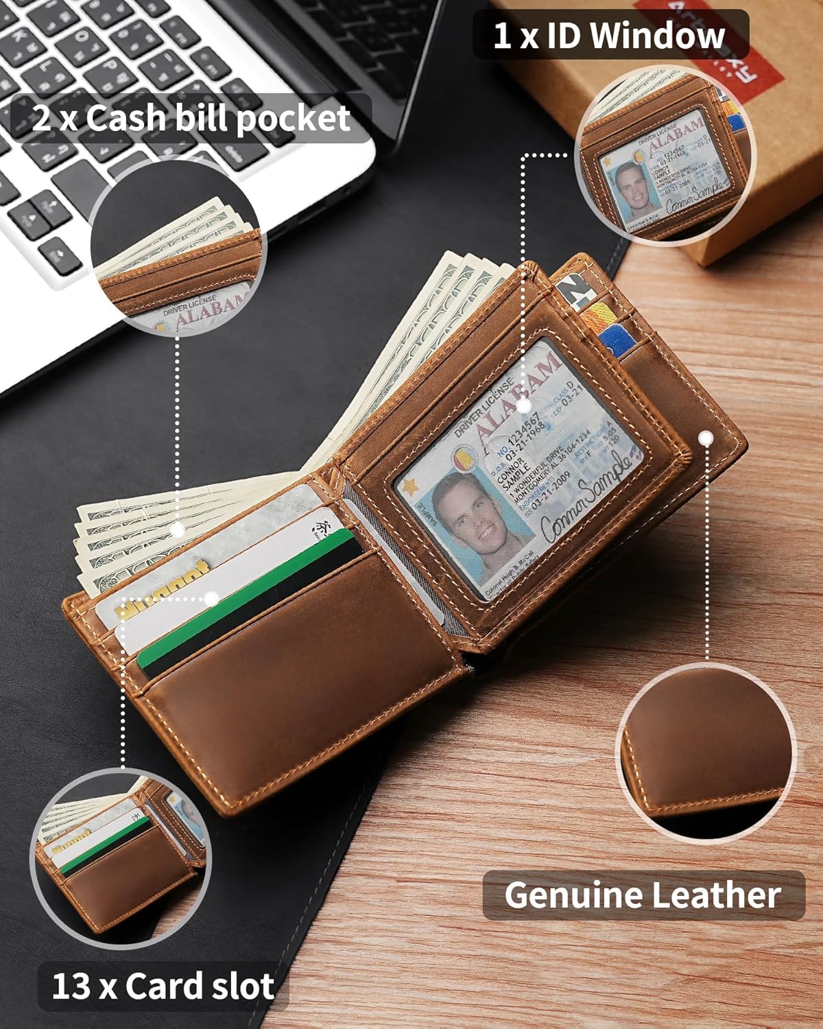 Men’s AirTag Wallet Leather RFID Blocking Bifold 13 Card Slots (Classic)