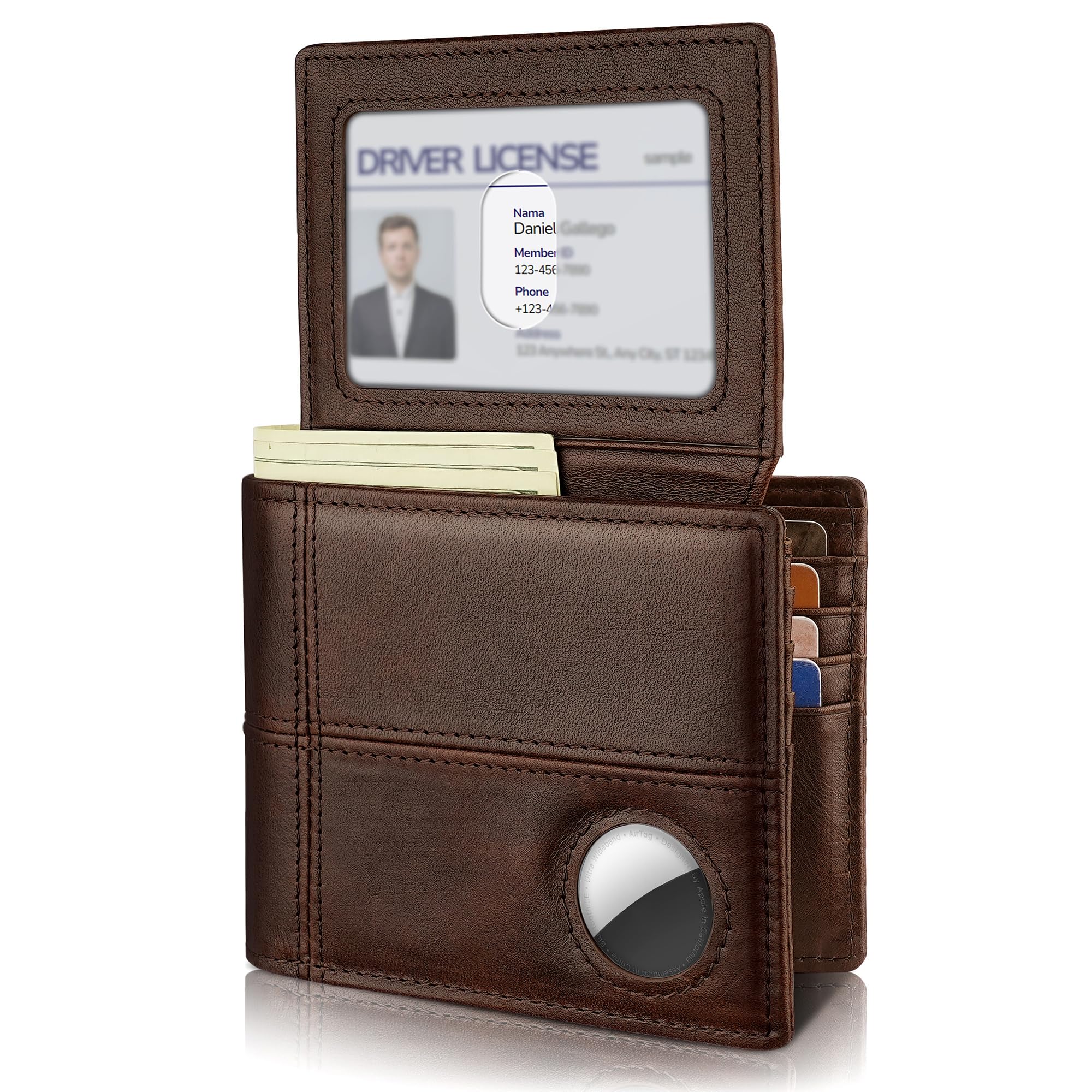 Men’s AirTag Wallet Leather RFID Blocking Bifold 13 Card Slots (Modern)