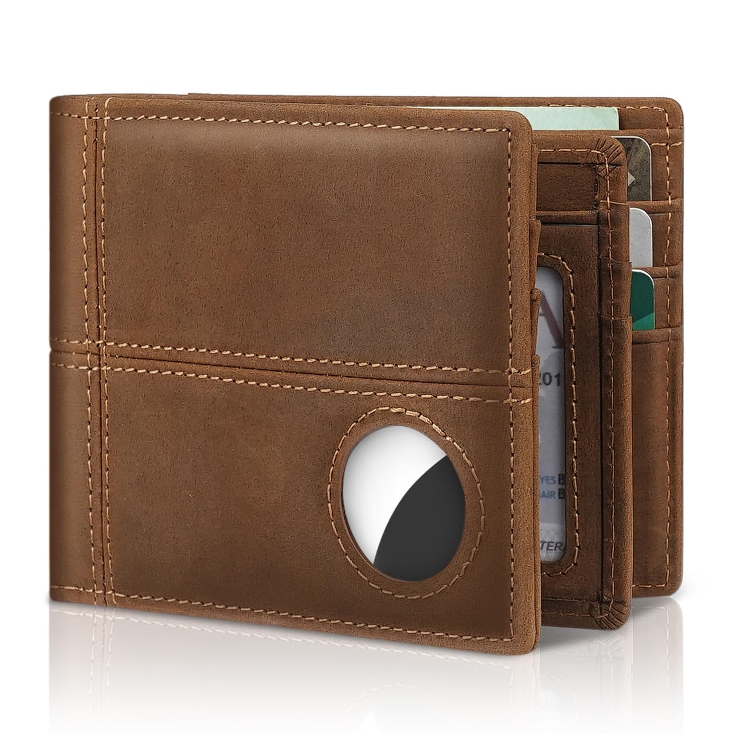 Men’s AirTag Wallet Leather RFID Blocking Bifold 13 Card Slots (Retro)