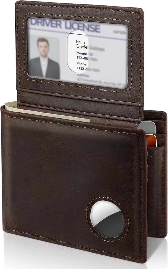 Men’s AirTag Wallet Leather RFID Blocking Bifold 13 Card Slots (Vintage)