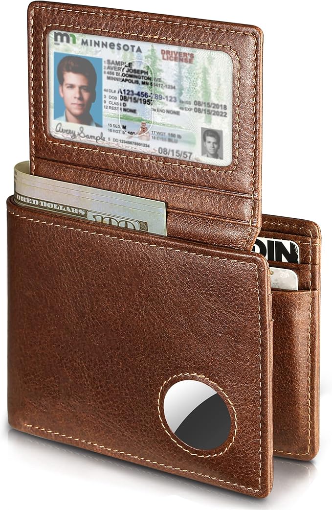 Men’s AirTag Wallet Leather RFID Blocking Bifold 13 Card Slots (Vintage)