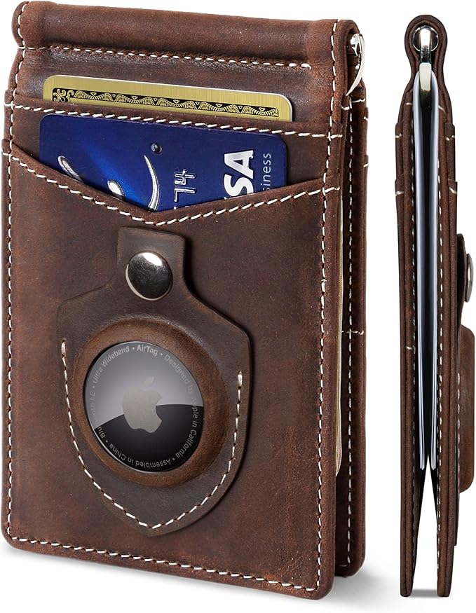 Men's Genuine Leather AirTag Wallet - Slim RFID Blocking Bifold with Secure Card Slots - Abbycart