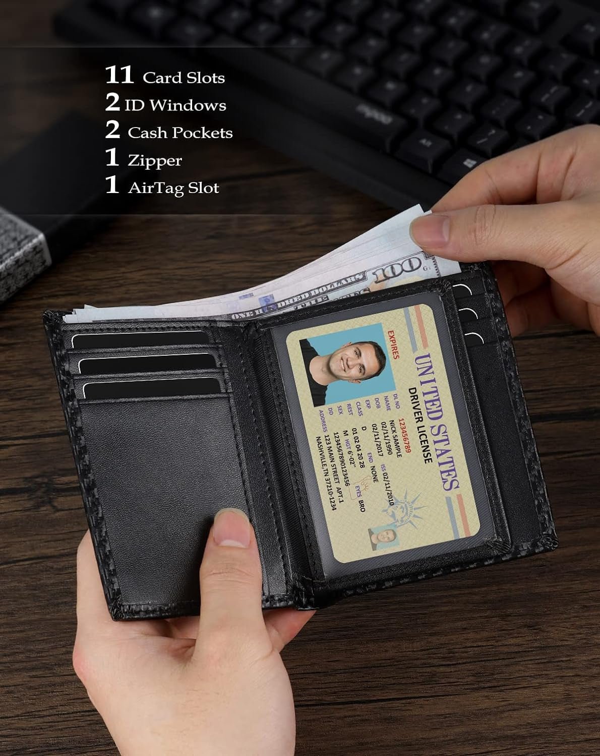 Men's Genuine Leather AirTag Wallet with RFID Blocking - Slim Bifold Wallet with ID Window - Abbycart