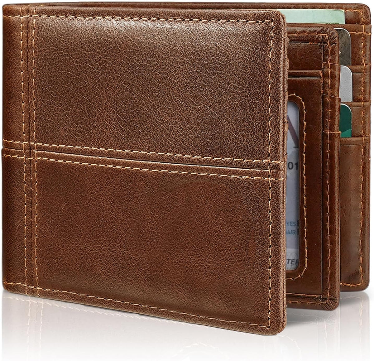 Men's Genuine Leather RFID Bifold Wallet 13 Card Slots Brown Gift Box