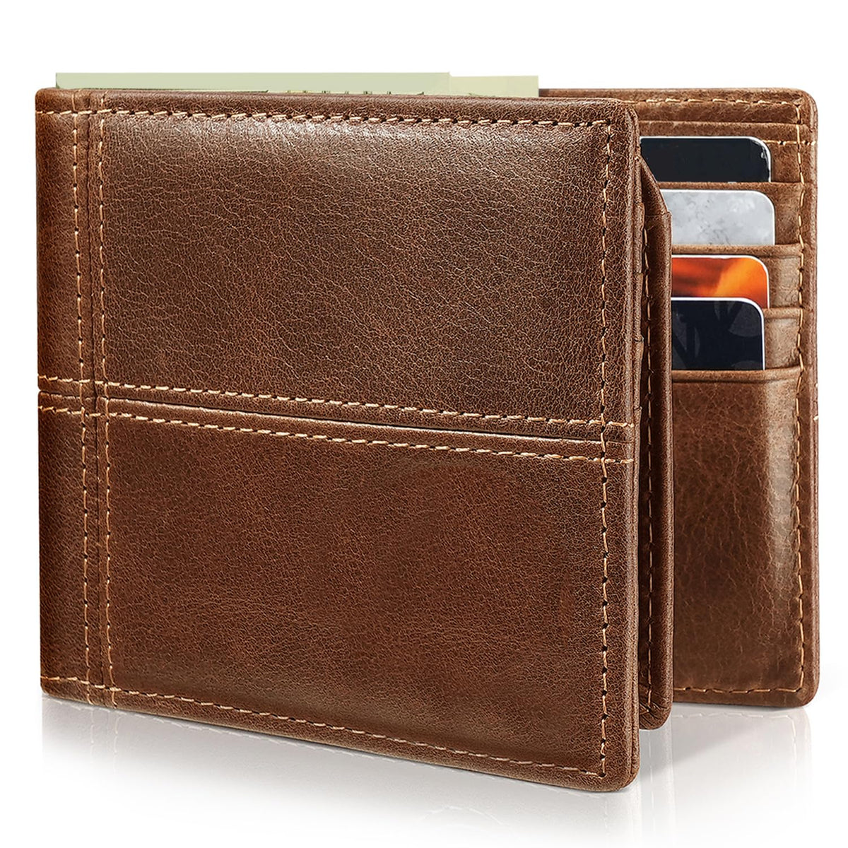 Men's Genuine Leather RFID Bifold Wallet 13 Card Slots Brown Gift Box