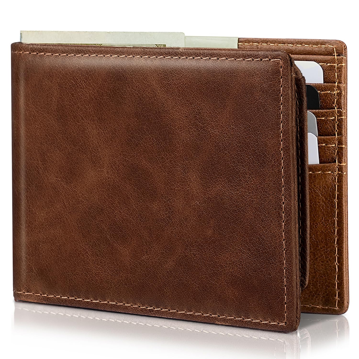 Men's Genuine Leather RFID Bifold Wallet 13 Card Slots Brown Gift Box