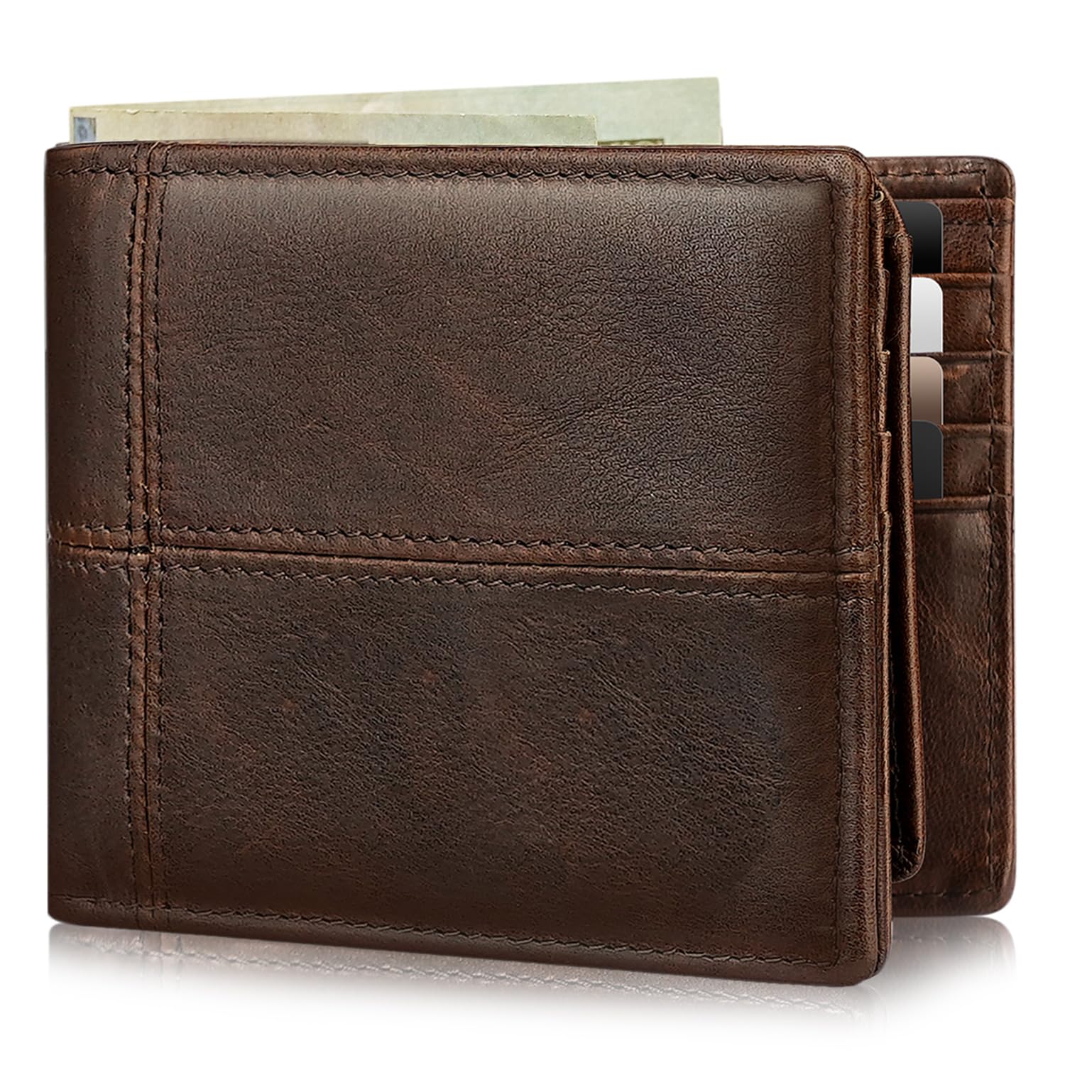 Men's Genuine Leather RFID Bifold Wallet 13 Card Slots Brown Gift Box