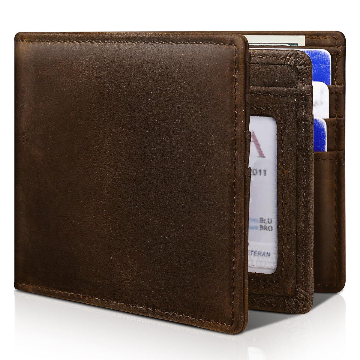 Men's Genuine Leather RFID Bifold Wallet 13 Card Slots Brown Gift Box