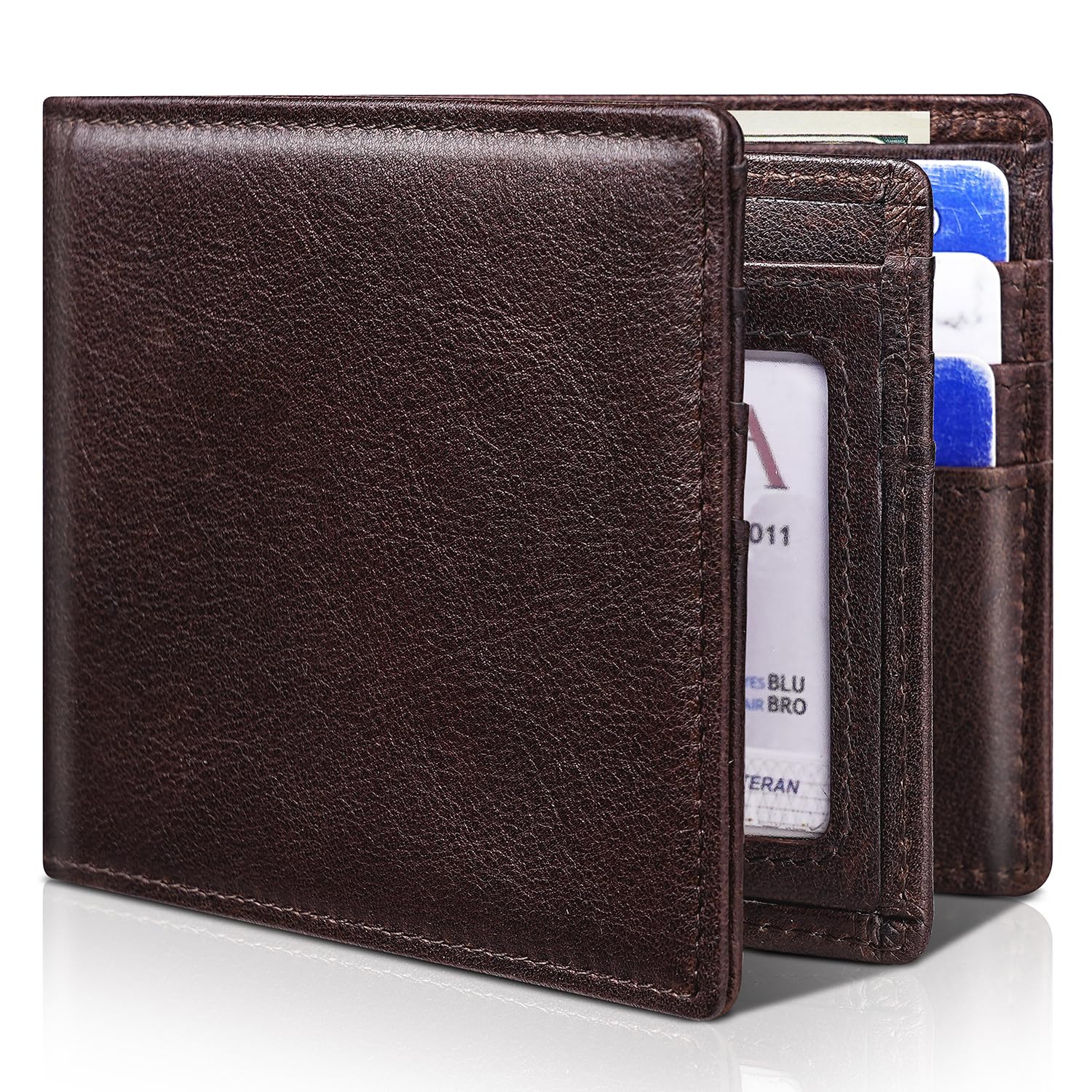 Men's Genuine Leather RFID Bifold Wallet 13 Card Slots Brown Gift Box