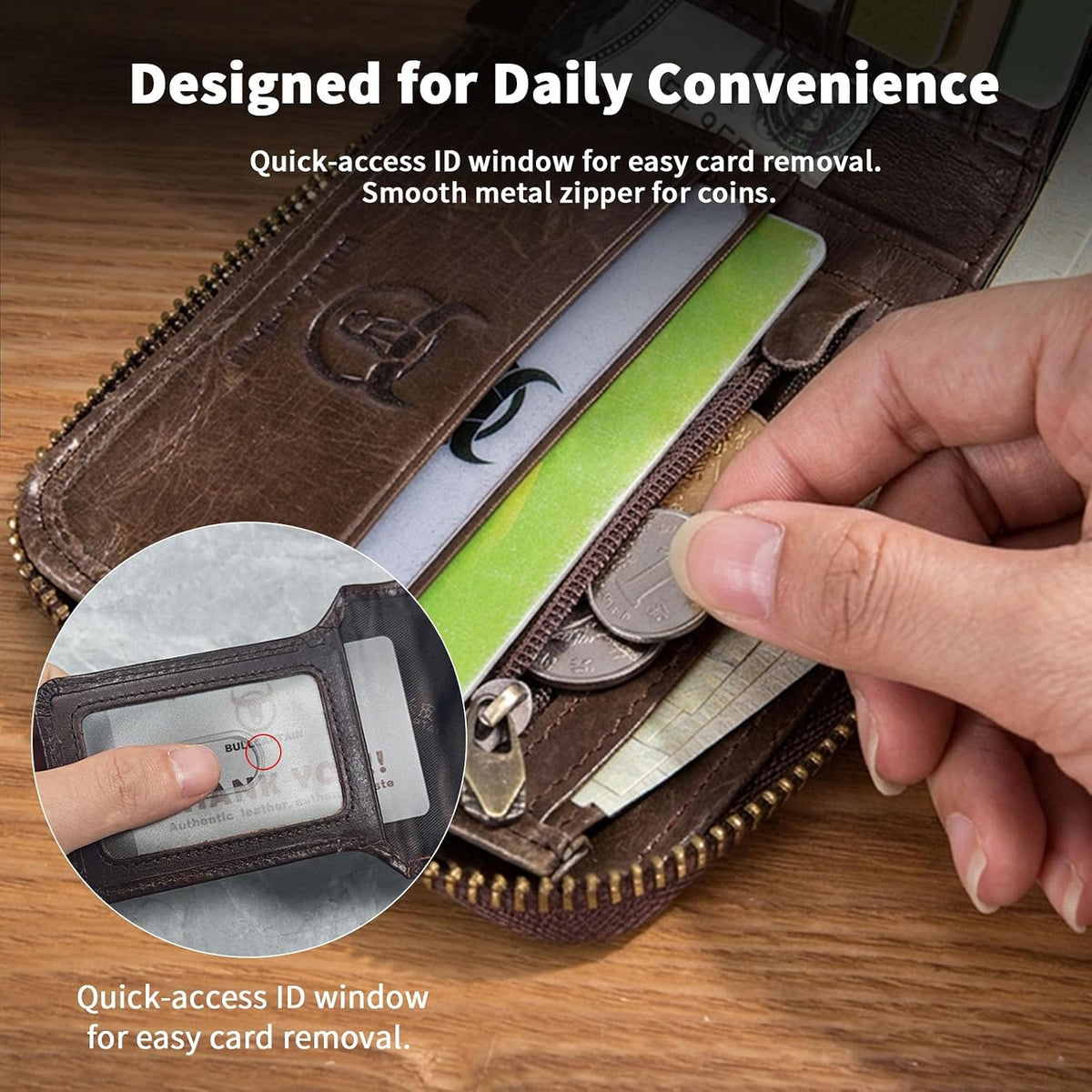 Leather wallet ID window and coin pocket demonstration
