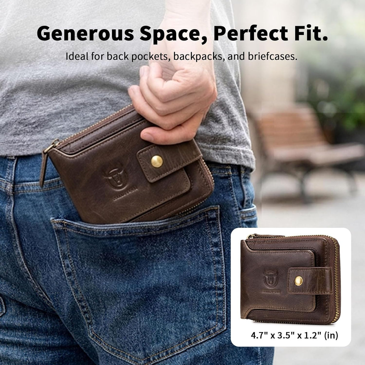 Men's leather wallet in back pocket showing compact fit