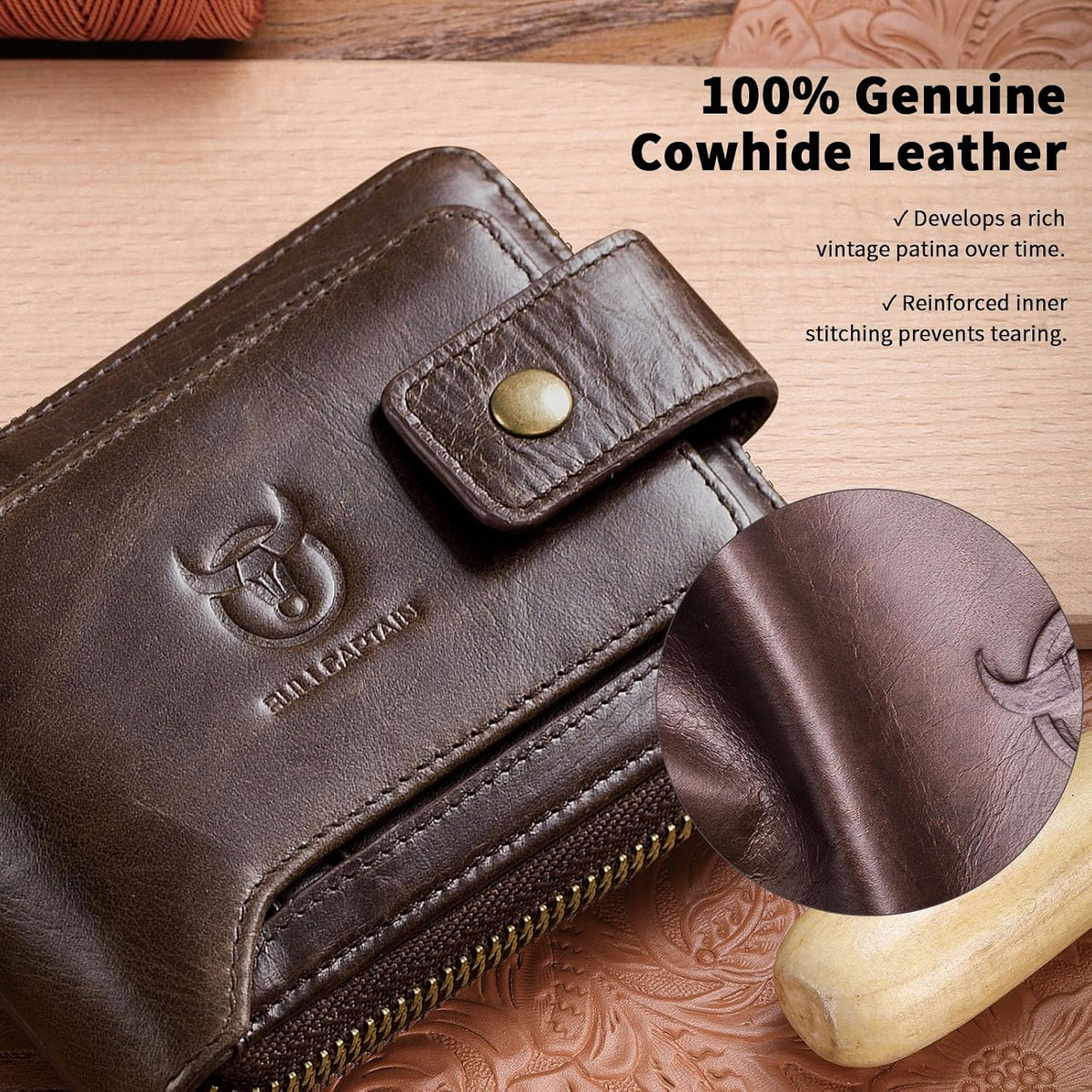 Genuine cowhide leather wallet closeup showing premium texture