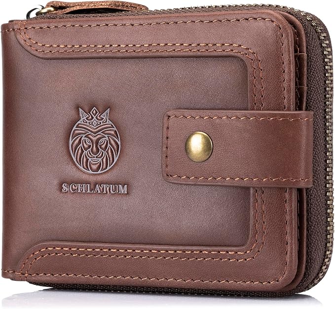 Men's Genuine Leather Zipper Wallet RFID Blocking Coin Pocket Brown