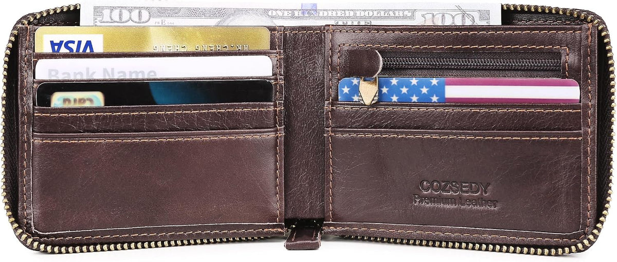 Airtag Wallets For Men With Zipper RFID Blocking Leather Bifold Mens Wallet - Big Capacity Credit Card Travel Wallet - Flap ID Window Zip Coin Pocket (Coffee)