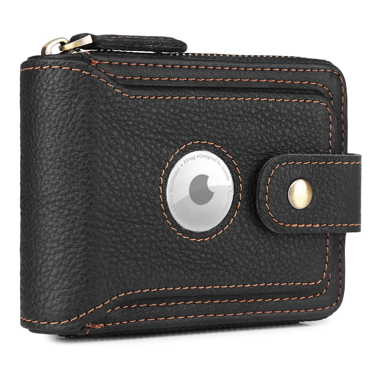 Men's Leather AirTag Wallet with Zipper RFID Blocking Bifold Brown