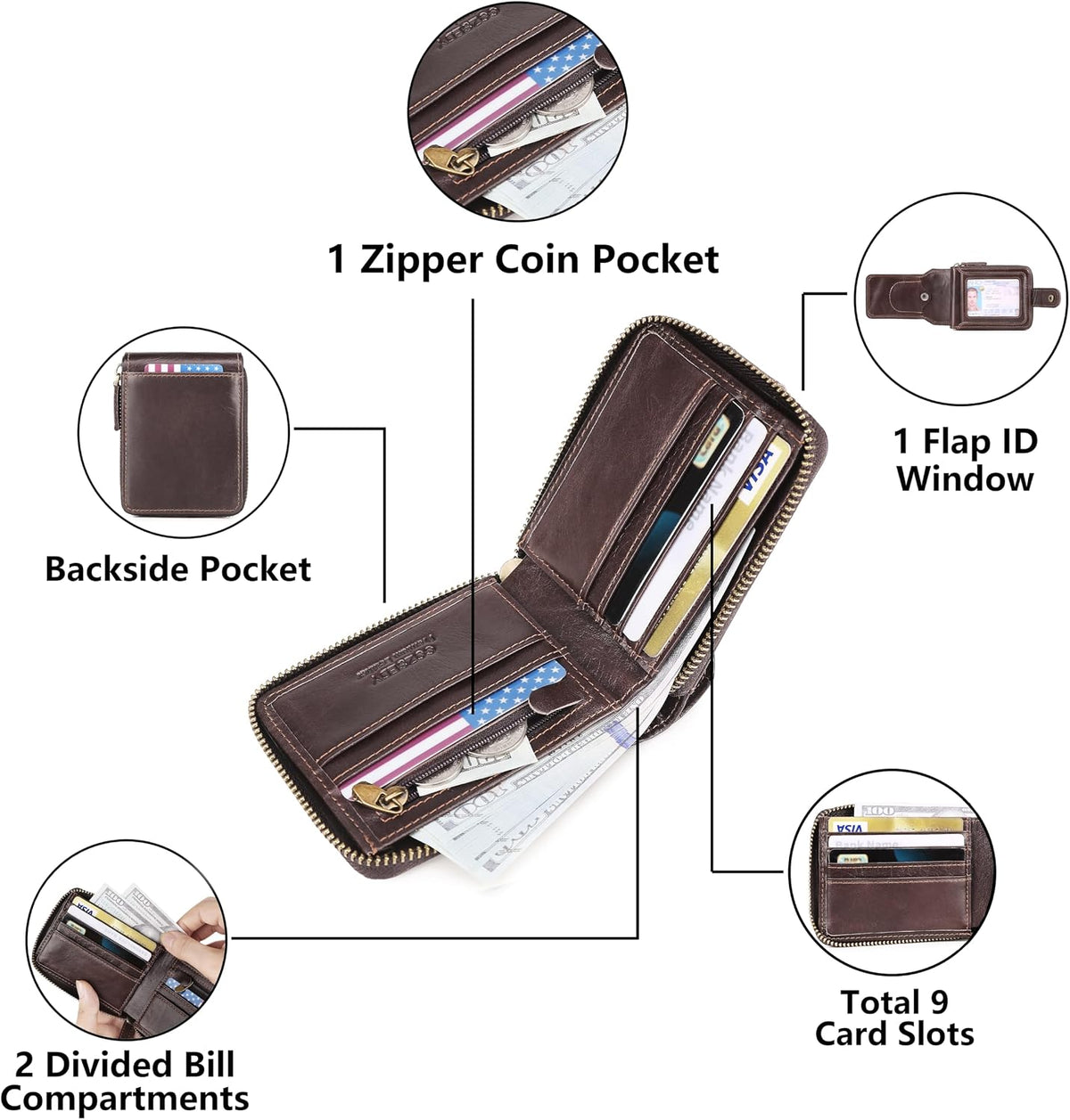 Airtag Wallets For Men With Zipper RFID Blocking Leather Bifold Mens Wallet - Big Capacity Credit Card Travel Wallet - Flap ID Window Zip Coin Pocket (Coffee)