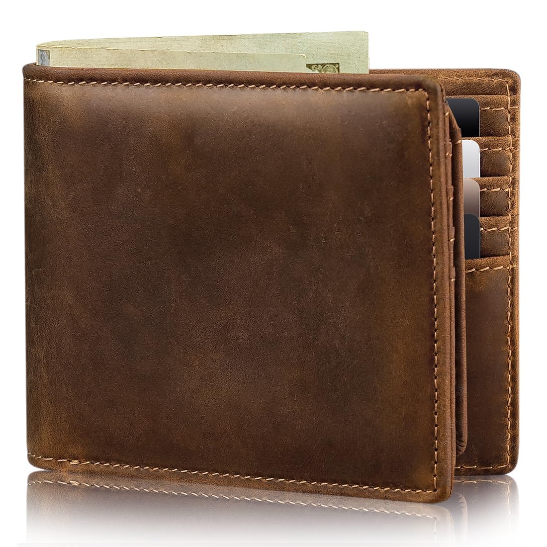Men’s Leather RFID Wallet Bifold 12 Card Slots Dual ID Window Slim