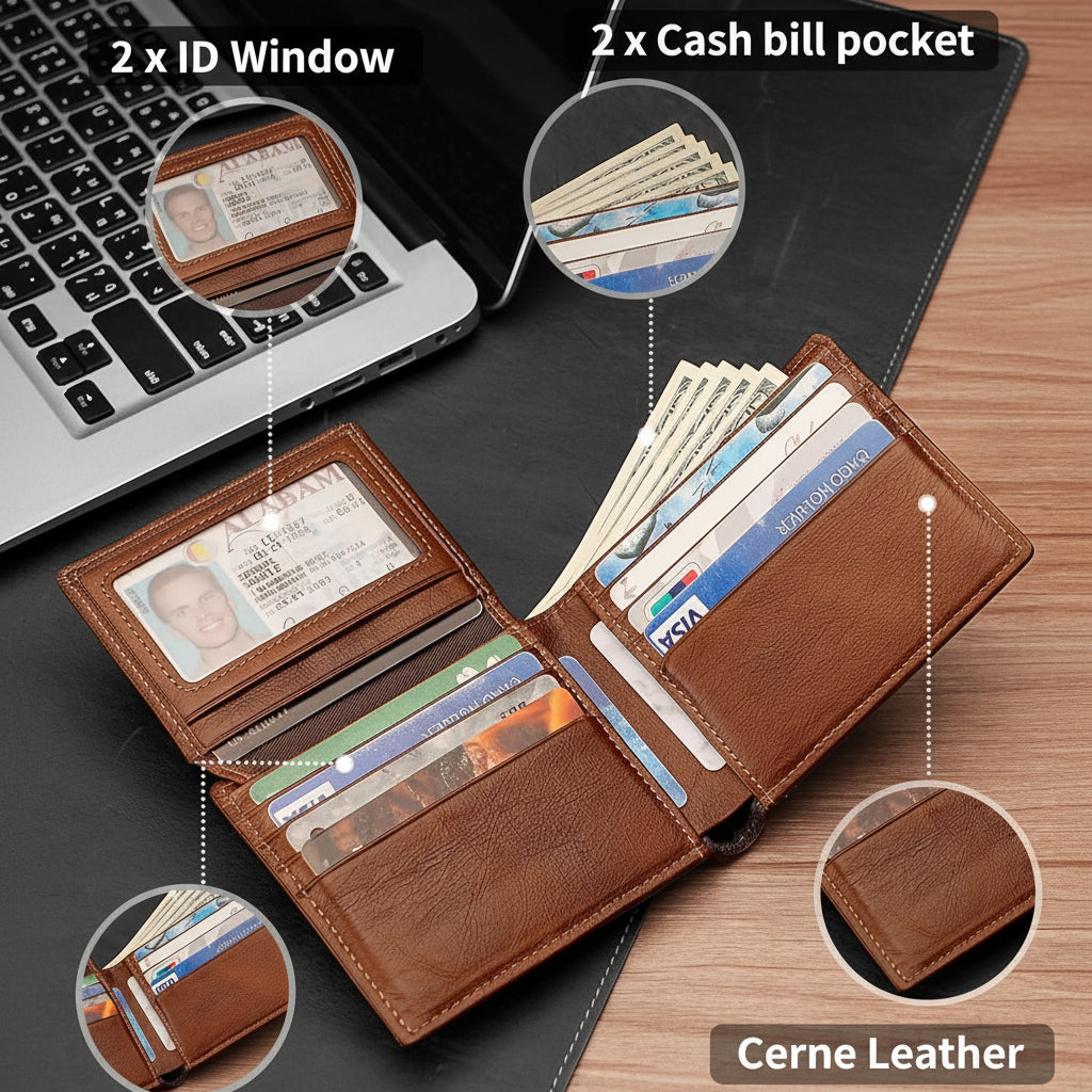 Mens Wallet Bifold Genuine Leather RFID Blocking Wallet for Men with 2 ID Windows 12 Card Holders 2 cash pockets 1 Gift Box