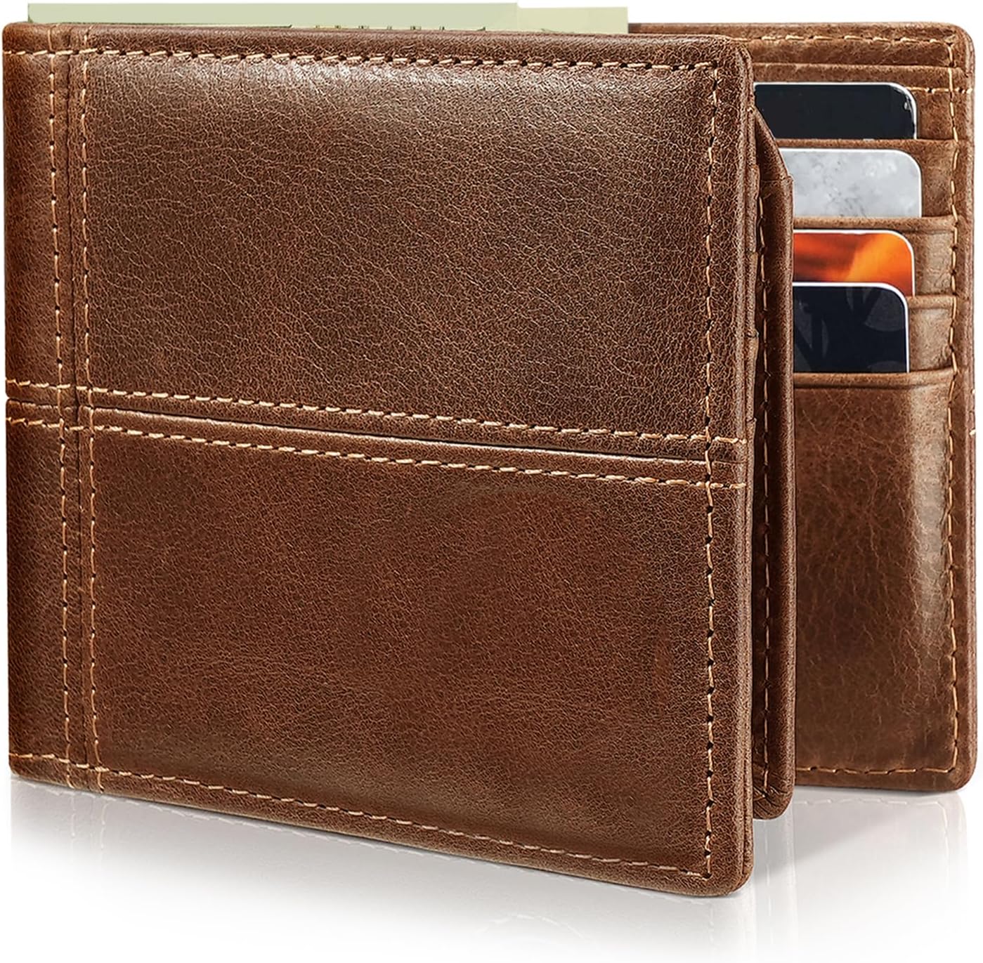 Men’s Leather RFID Wallet Bifold 12 Card Slots Dual ID Window Slim