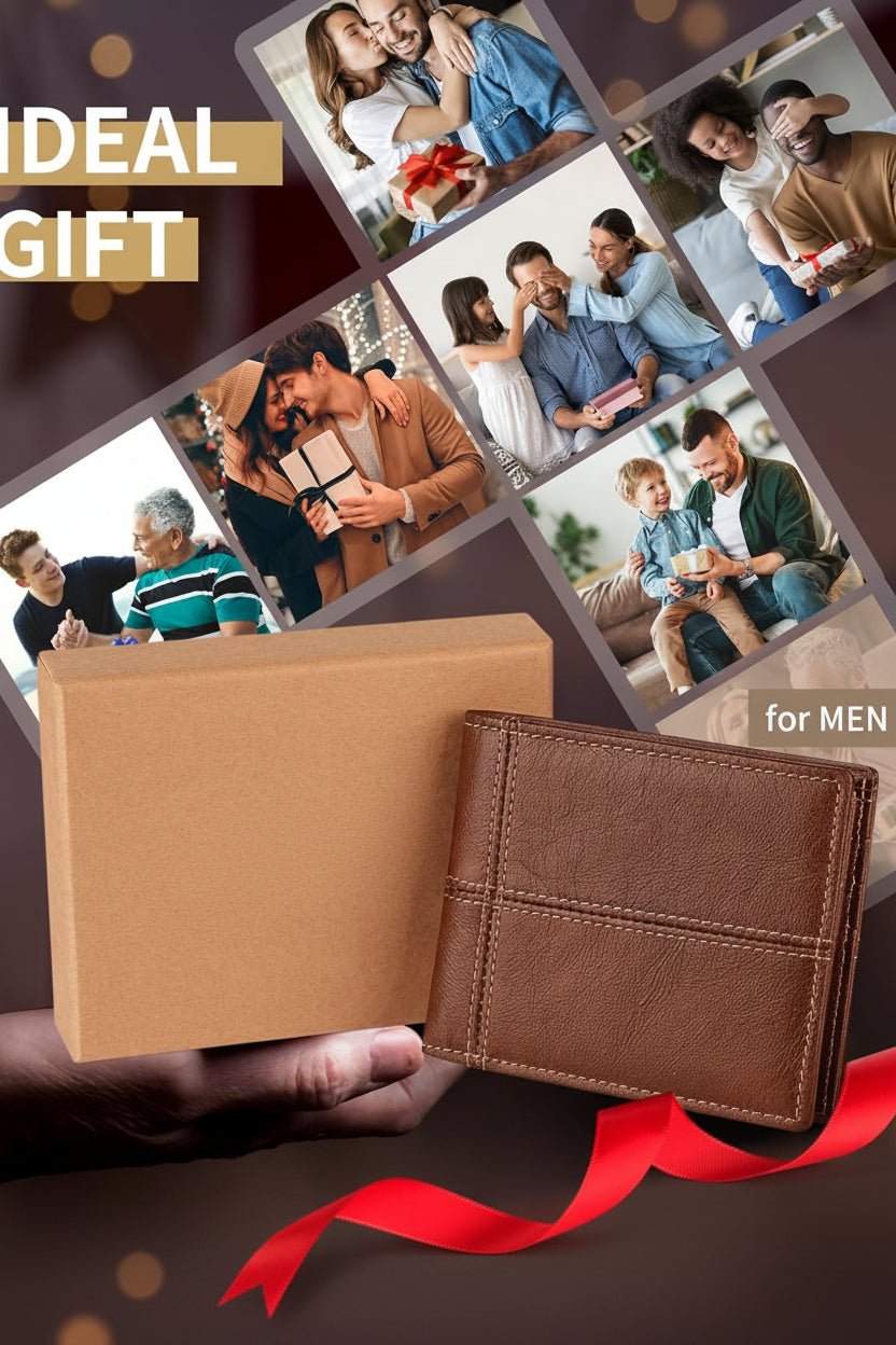 Mens Wallet Bifold Genuine Leather RFID Blocking Wallet for Men with 2 ID Windows 12 Card Holders 2 cash pockets 1 Gift Box