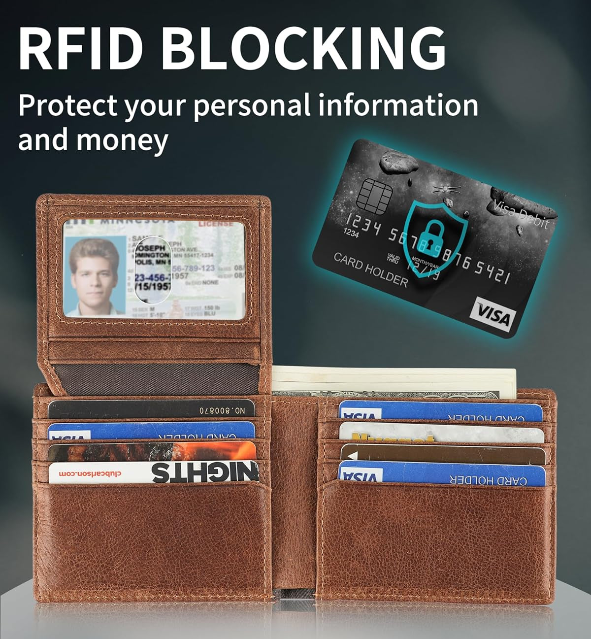 Mens Wallet Bifold Genuine Leather RFID Blocking Wallet for Men with 2 ID Windows 12 Card Holders 2 cash pockets 1 Gift Box
