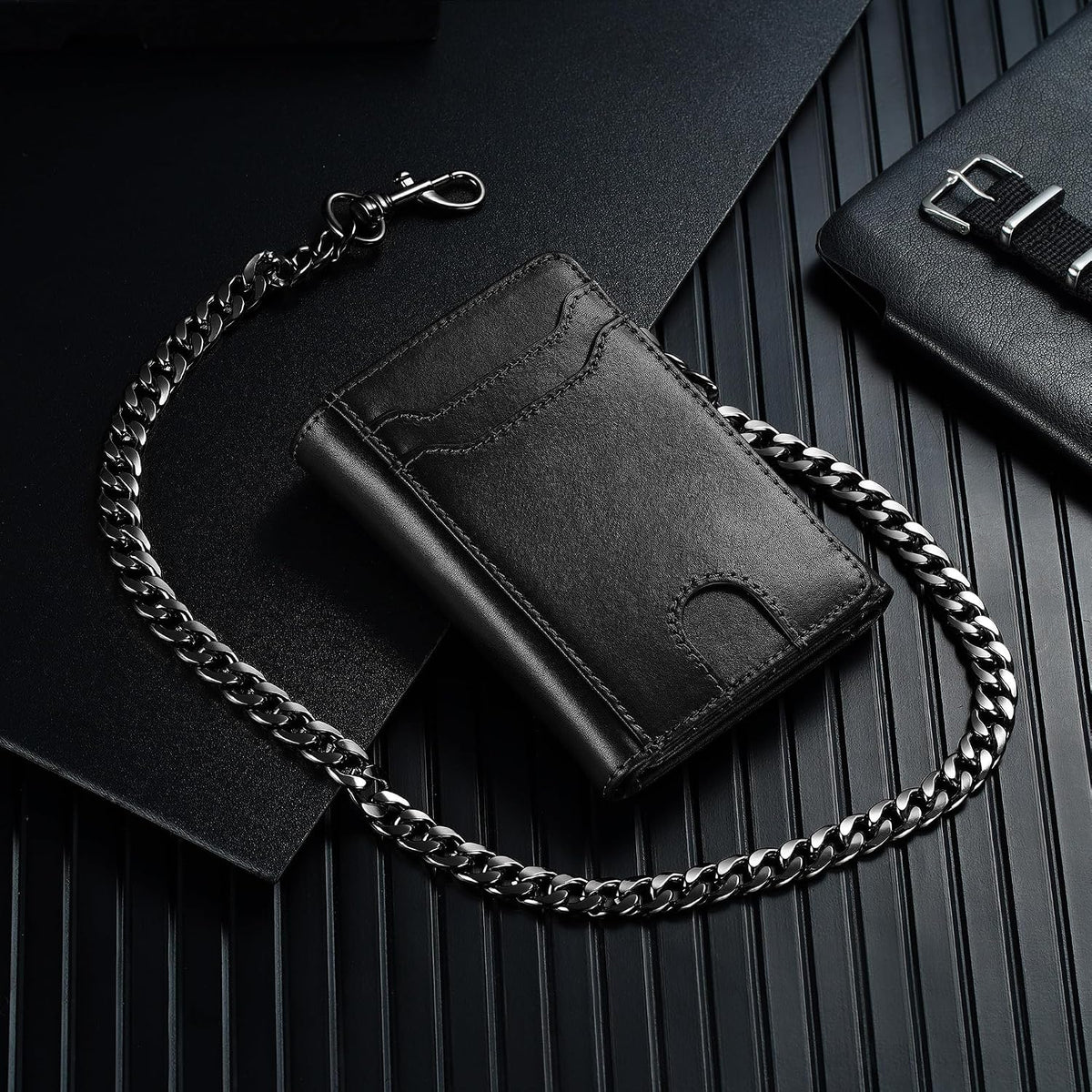 furid Genuine Leather Trifold Chain Wallet for Men with RFID Blocking