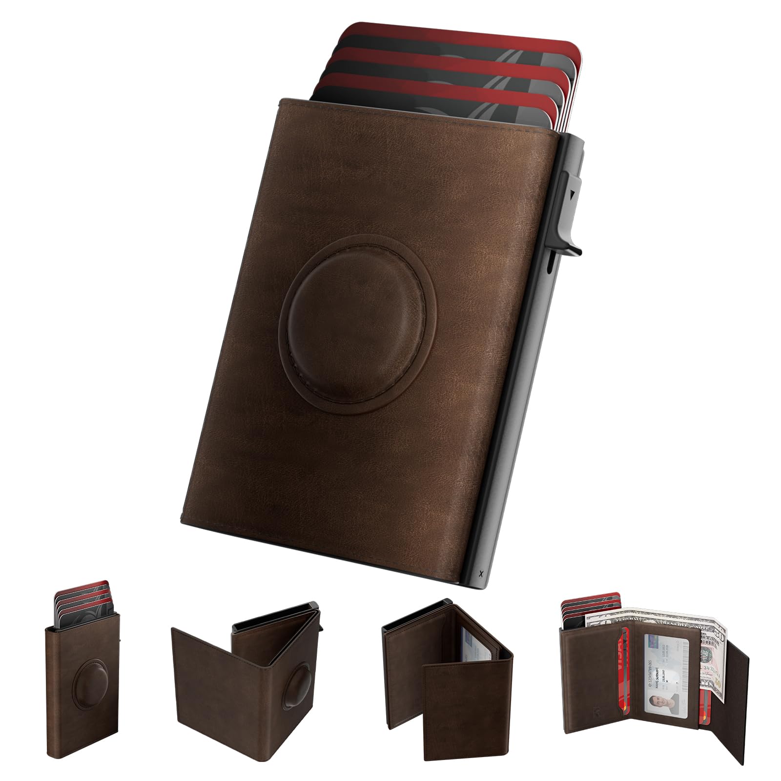 Men's Minimalist RFID Blocking Wallet with AirTag Holder – Slim Leather Card Holder with Pop - Up Feature, Money Clip, and ID Window - Abbycart